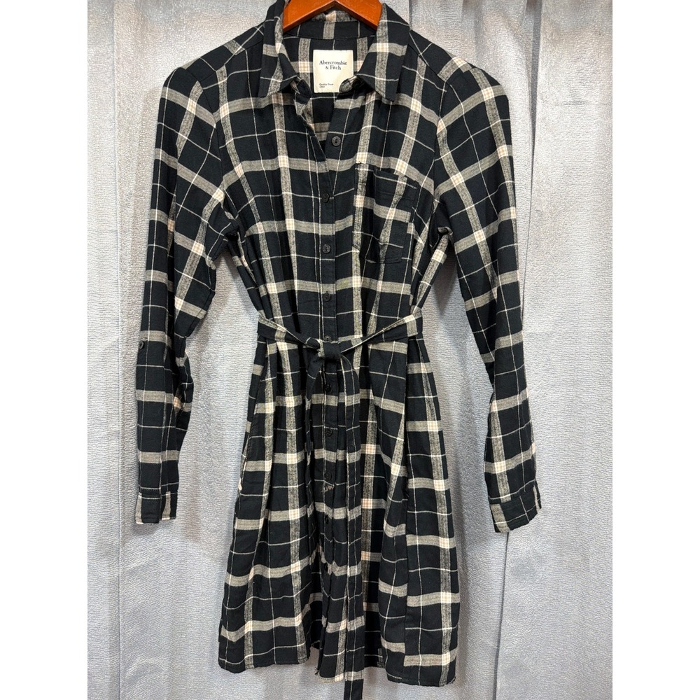 Abercrombie & Fitch Black Plaid Long Sleeve Button Front Shirt Dress Tie Waist